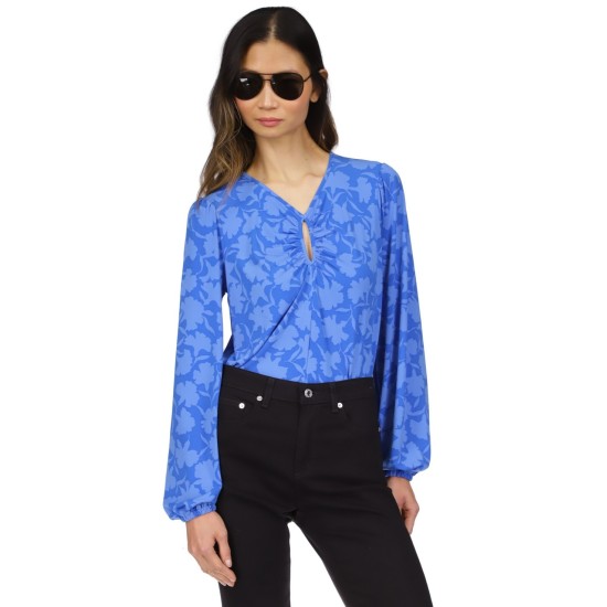  Petite Shadow-Fleur Print Long-Sleeve Top, Grecian Blue, P/Medium