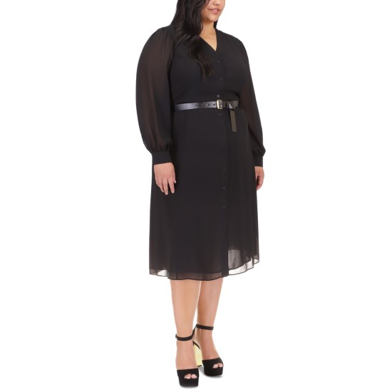  Plus Size Belted Button-up Kate Dress – Black, 1X