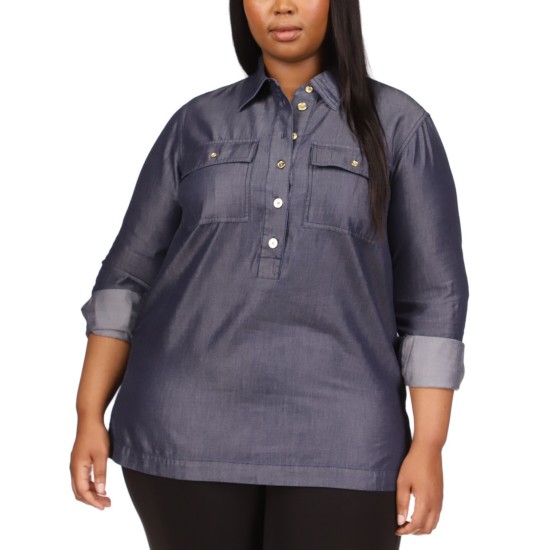  Plus Size Buttoned-Neck Tunic, Indigo Rinso, 3X