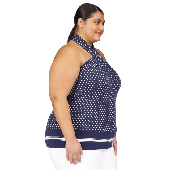  Plus Size Dot-Print Border-Hem Halter Top, Midnight Blue, 2X