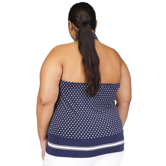  Plus Size Dot-Print Border-Hem Halter Top, Midnight Blue, 2X