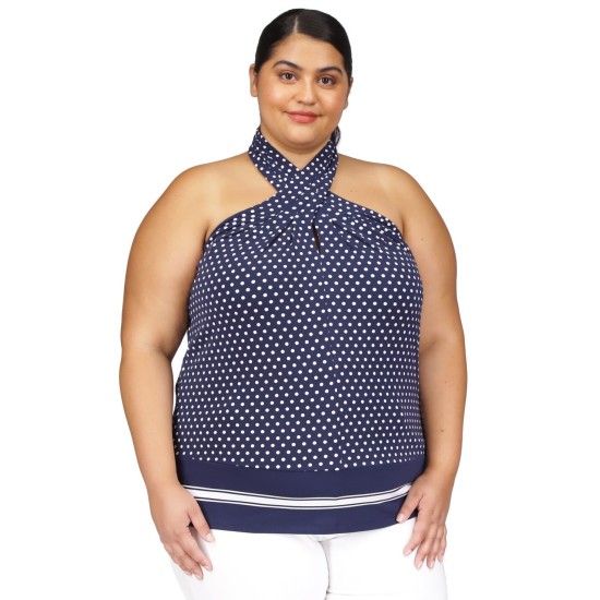  Plus Size Dot-Print Border-Hem Halter Top, Midnight Blue, 2X