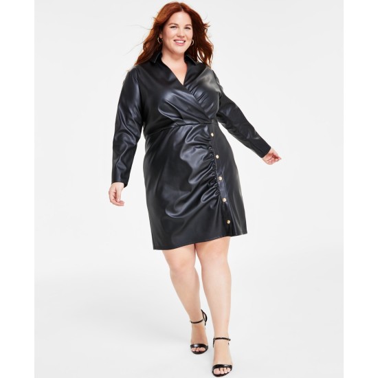  Plus Size Faux-Leather Wrap Dress – Black, 3X