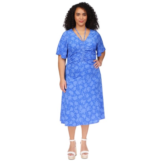  Plus Size Floral-Print Tie V-Neck Ruched Midi Dress, Grecian Blue, 0X