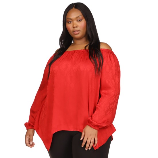  Plus Size Jacquard Snakeskin-Print Handkerchief-Hem Top – Crimson, 2X