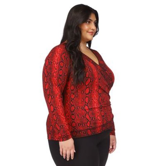  Plus Size Snakeskin-Print Crossover Border Top – Crimson, 2X