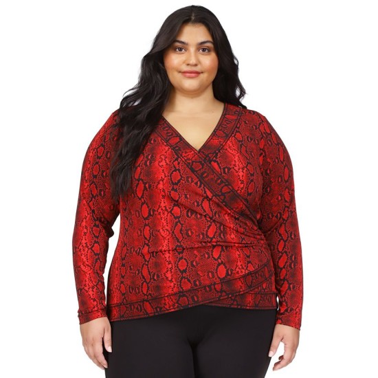  Plus Size Snakeskin-Print Crossover Border Top – Crimson, 2X