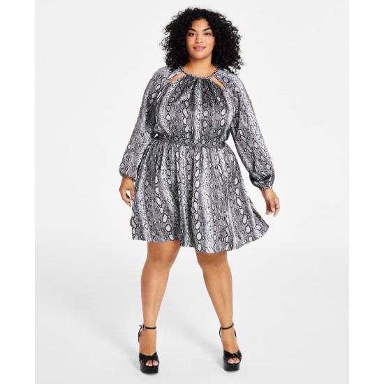  Plus Size Snakeskin-Print Chain-Neck Mini Dress – Black, 2X