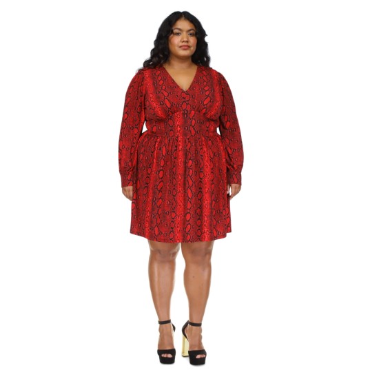  Plus Size Snakeskin-Print Mini Dress, Crimson, 2X