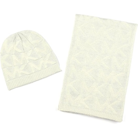  Women’s Debossed Knit Metallic Beanie & Scarf Set – Cream