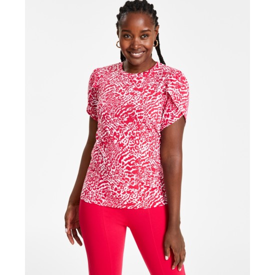  Women’s Animal-Print Petal-Sleeve Top, Deep Pink,P/ Large