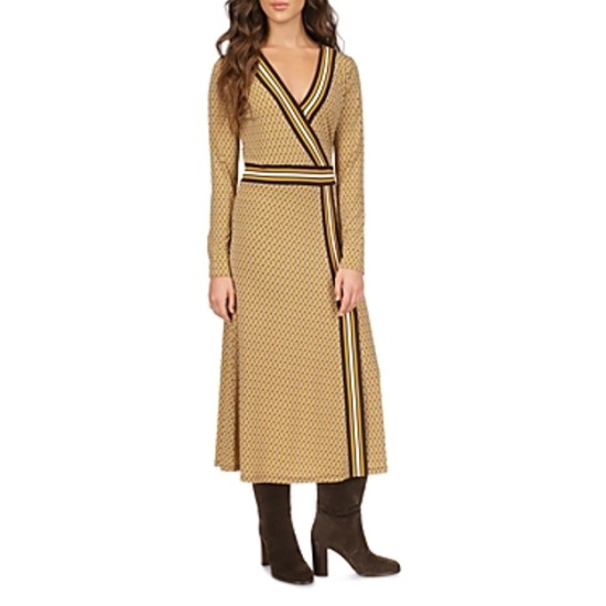  Womens Border Print Faux Wrap Dress, Marigold, Large