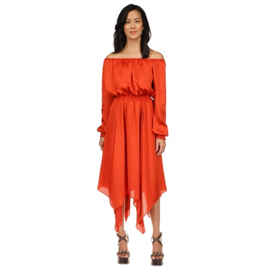  Women’s Off-the-Shoulder Handkerchief-Hem Dress, Bright Terracotta, P/XL