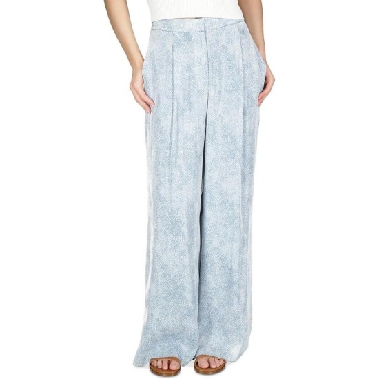  Womens Petites Satin Pleated Wide Leg Pants, Chambray, P/XL