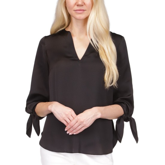  Womens Petites Satin Split Neck Blouse, Black, P/XS