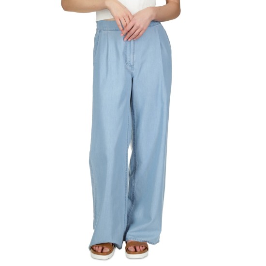  Womens Petites Tencel Pleated Wide Leg Pants, Blue, PM