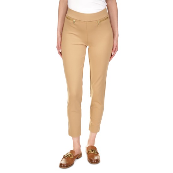  Womens Petites Zipper Trim Pull On Cropped Pants Tan,Large