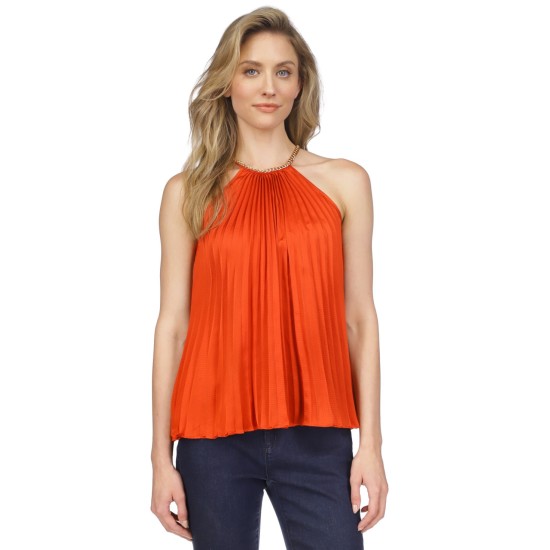  Women’s Pleated Chain Sleeveless Top – Bright Terracotta, Large