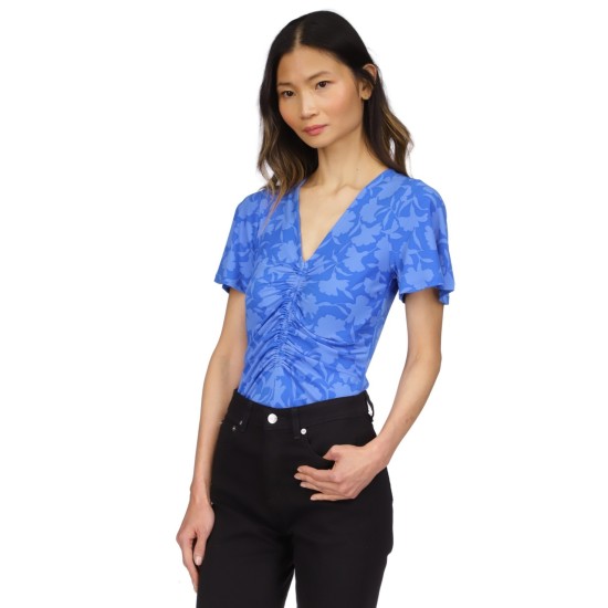  Womens Printed Ruched Pullover Top, Blue,P/Medium