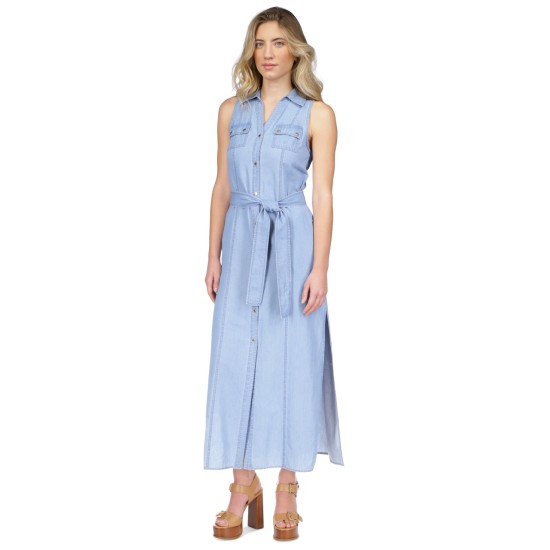  Women’s Sleeveless Maxi Shirtdress, Sky Blue Wash, P/Small