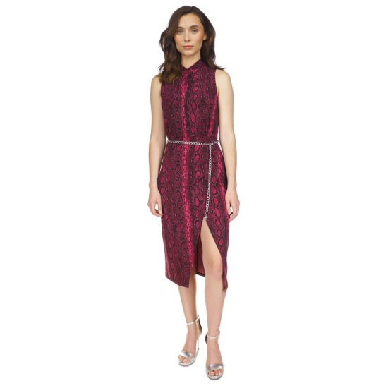  Women’s Snakeskin-Print Chain-Belt Sleeveless Dress – Deep Fuchsia, Small