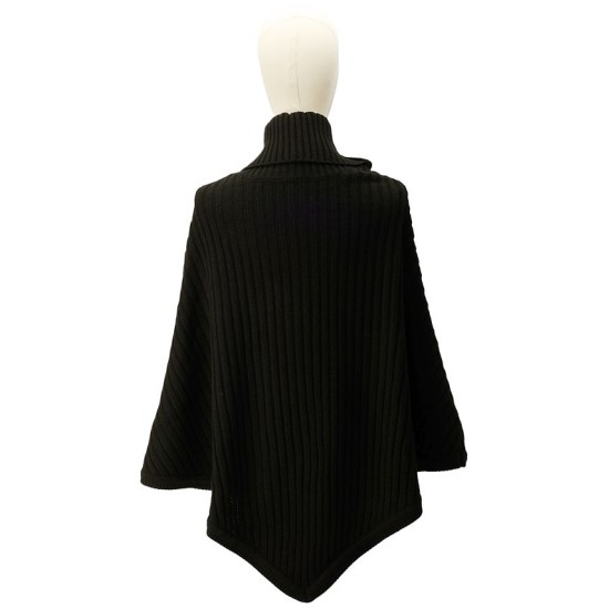  Women’s Wide-Rib Button Turtleneck Poncho – Black