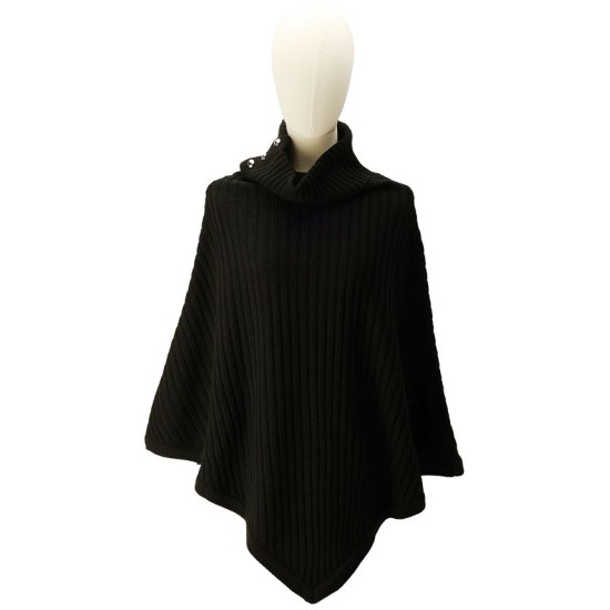  Women’s Wide-Rib Button Turtleneck Poncho – Black