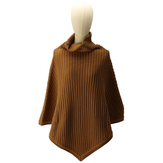  Women’s Wide-Rib Button Turtleneck Poncho – Dark Camel