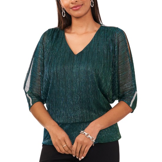  Women’s Metallic Blouson Split-Sleeve Blouse – Dazzling Jade, Large