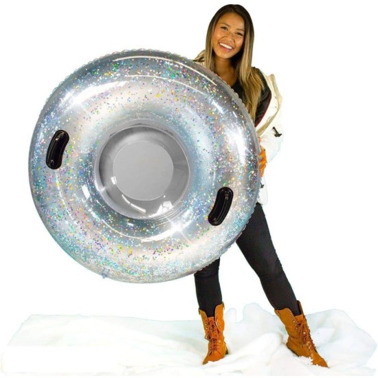 Pool Candy Deluxe Silver Glitter Inflatable Snow Sled, Silver