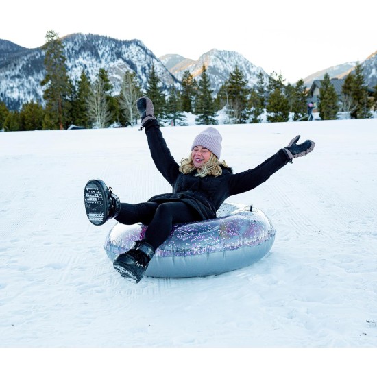  Winter Fun Inflatable Glitter Filled Pink Galactic Snow Tube. Jumbo 48 inch Snow Tube for Kids or Adults. Include Sure Grip Handles for Maximum Safety.