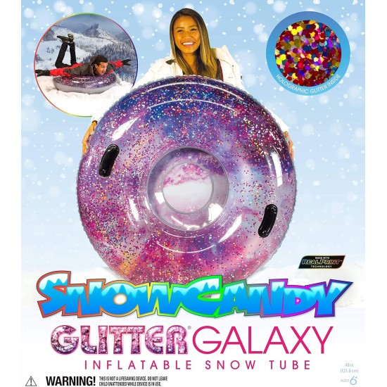  Winter Fun Inflatable Glitter Filled Pink Galactic Snow Tube. Jumbo 48 inch Snow Tube for Kids or Adults. Include Sure Grip Handles for Maximum Safety.