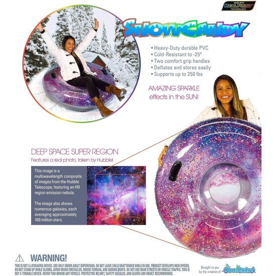  Winter Fun Inflatable Glitter Filled Pink Galactic Snow Tube. Jumbo 48 inch Snow Tube for Kids or Adults. Include Sure Grip Handles for Maximum Safety.