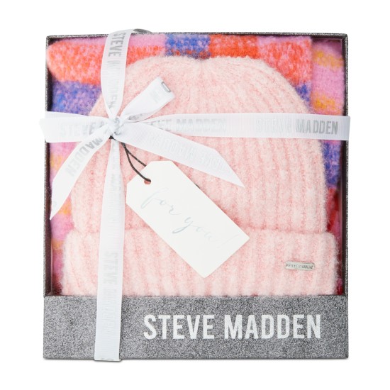  Women’s Brushed Plaid Scarf & Beanie Boxed Gift Set – Pink