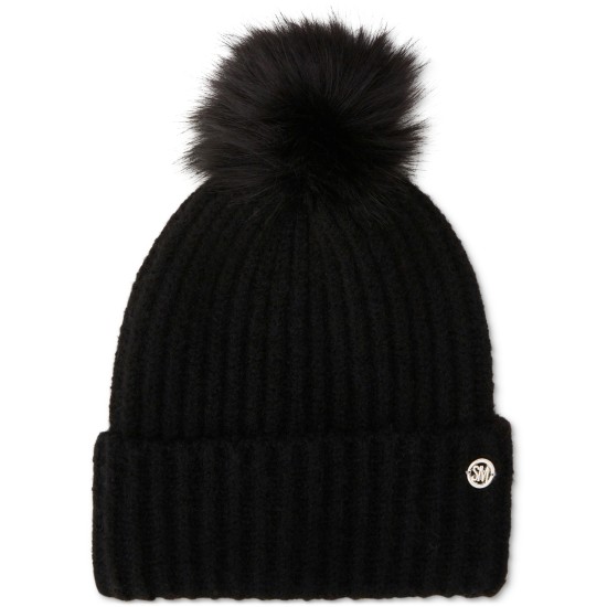  Women’s Cloud Knit Faux-Fur Pom Pom Beanie, Black