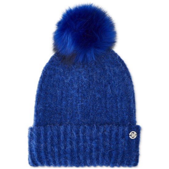  Women’s Cloud Knit Faux-Fur Pom Pom Beanie – Cobalt