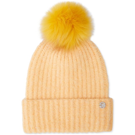  Women’s Cloud Knit Faux-Fur Pom Pom Beanie – Orange