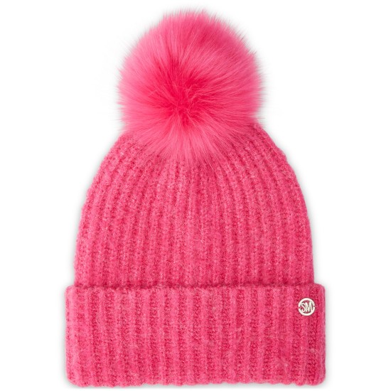  Women’s Cloud Knit Faux-Fur Pom Pom Beanie, Pink