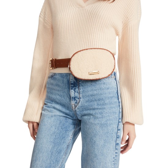  Women’s Faux-Shearling Oval Belt Bag – Cognac, Medium