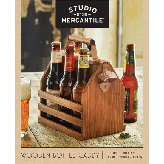  Wooden 6-pack Bottle Caddy – Brown/Gold