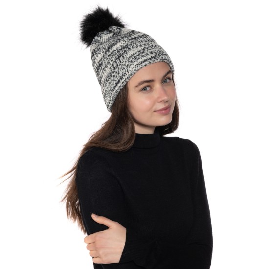 Style & Co Marled Space-Dyed Faux Fur Pom Beanie, Black/Neutral