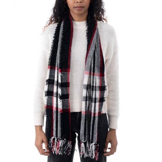 Style & Co Women’s Chenille Plaid Fringe-Trim Scarf,Black Red