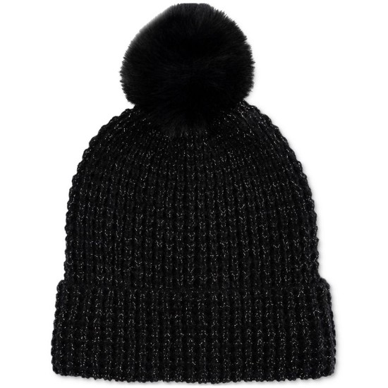 Style & Co Women’s Faux-Fur Pom Pom Shimmer Beanie, Black