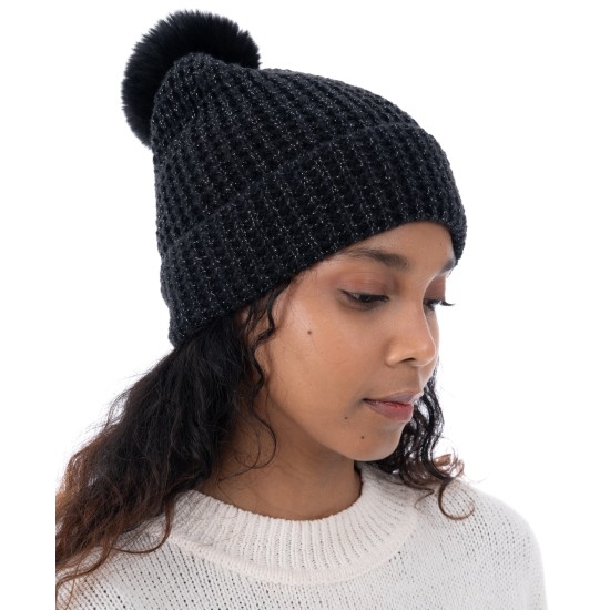 Style & Co Women’s Faux-Fur Pom Pom Shimmer Beanie, Black