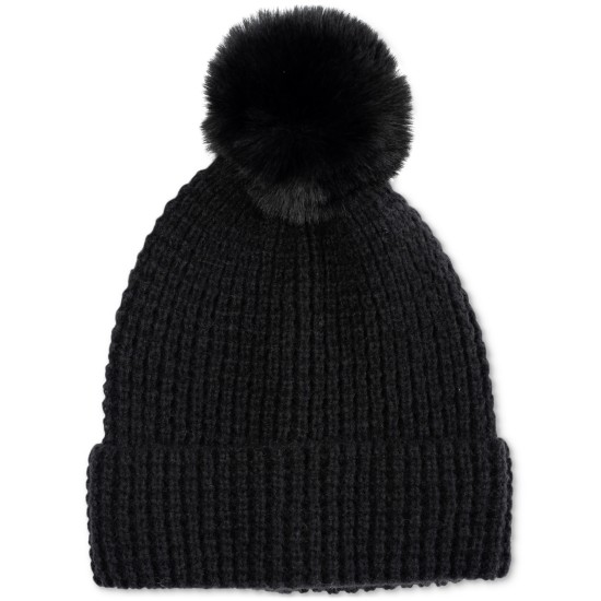 Style & Co Women’s Faux-Fur Pom Pom Waffle-Knit Beanie, Black