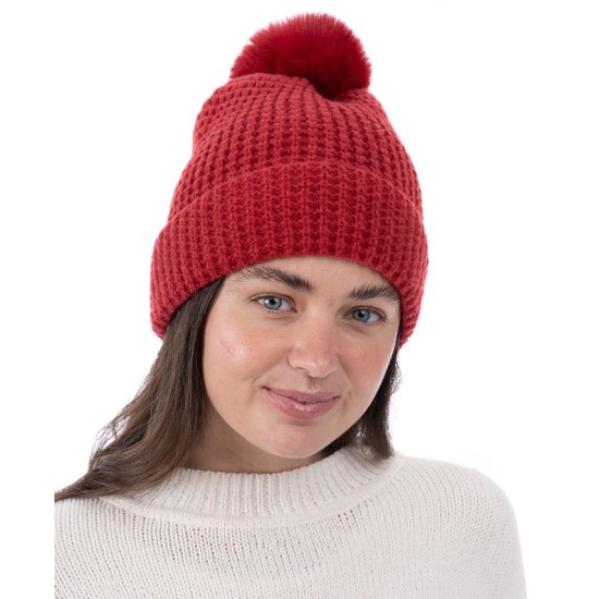 Style & Co Women’s Faux-Fur Pom Pom Waffle-Knit Beanie, Red