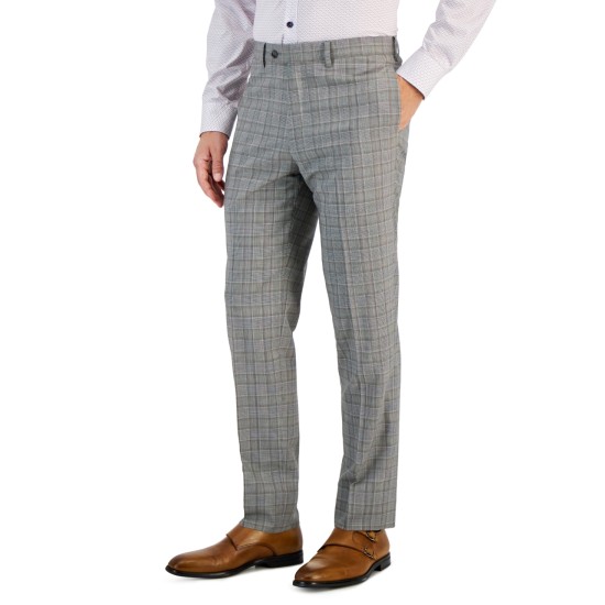  Mens Slim-Fit Plaid Wool Suit, Brown, 32 x 30