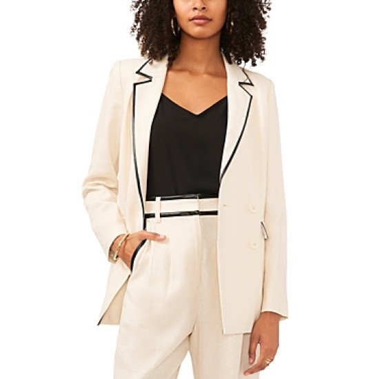  Faux Leather Trim Double Breasted Blazer, Bone, Medium