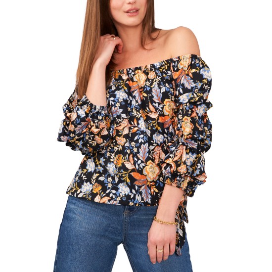  Floral Off the Shoulder Bubble Sleeve Blouse