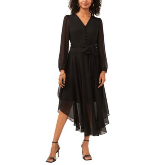  Long Sleeve Handkerchief Hem Maxi Dress,  Rich Black, Small